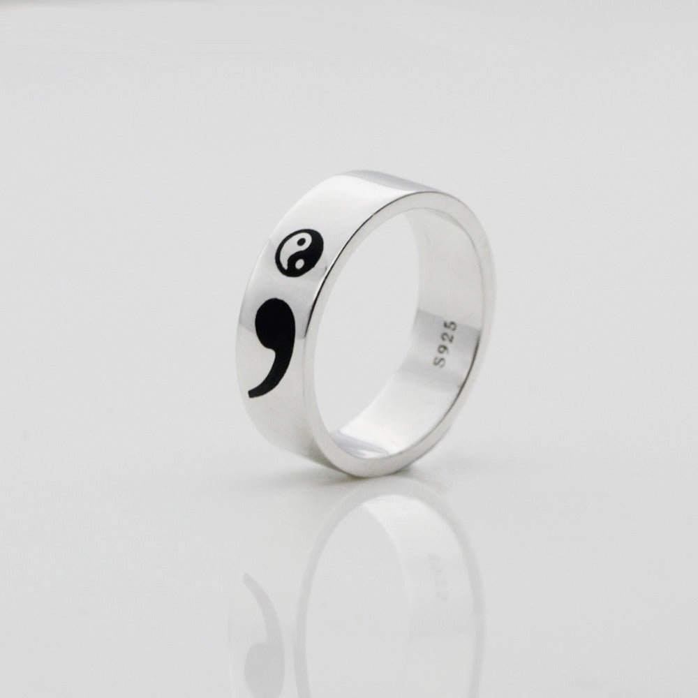 Semicolon Yin Yang Sterling Silver Ring Unisex (My Story Isn't Over Yet - Suicide Depression Awareness)