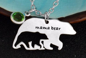 Mama Bear Silhouette Birthstone Charm Pendant Necklace Stainless Steel