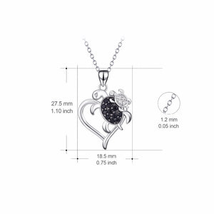 Turtle Mother & Child Zircon Heart Pendant Necklace Sterling Silver