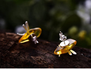Dragonfly Amber Stud Earrings 925 Sterling Silver