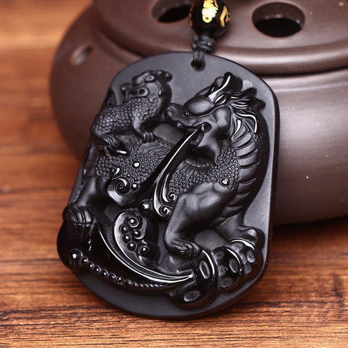 Obsidian Kilin Dragon Mother and Child Amulet Pendant Hand Carved