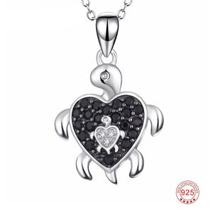 Turtle Heart Mother & Child Zircon Pendant Necklace Sterling Silver