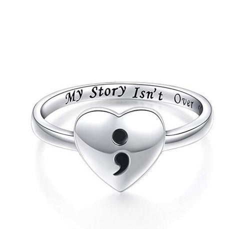 Semicolon Heart Sterling Silver Ring (My Story Isn't Over Yet - Suicide/Depression Awareness)