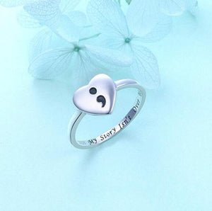 Semicolon Heart Sterling Silver Ring (My Story Isn't Over Yet - Suicide/Depression Awareness)