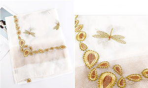 Dragonfly Embroidered Sheer Silk Wool Scarves