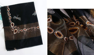 Dragonfly Embroidered Sheer Silk Wool Scarves