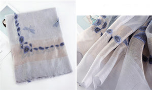 Dragonfly Embroidered Sheer Silk Wool Scarves