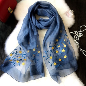 Sheer Floral Embroidered Silk/Wool Scarves/Wraps