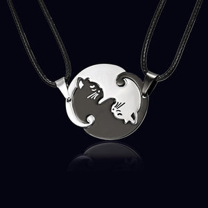 Yin Yang Cat Couple Puzzle Necklace Set Stainless Steel