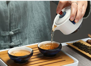 Celadon Blue Porcelain Tea Tureen Travel Sets Two Cup