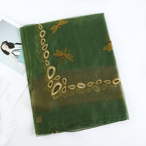 Dragonfly Embroidered Sheer Silk Wool Scarves