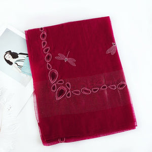 Dragonfly Embroidered Sheer Silk Wool Scarves