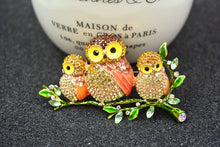 Load image into Gallery viewer, Mama Owl &amp; Babies On A Branch Swarovsky Crystal Brooches