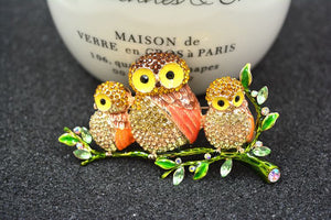 Mama Owl & Babies On A Branch Swarovsky Crystal Brooches