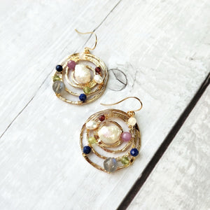 Semi-precious Solar System Freshwater Pearl Sterling Silver (Gold Plated) Earrings