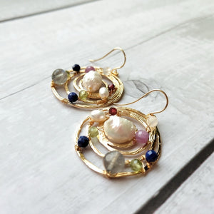 Semi-precious Solar System Freshwater Pearl Sterling Silver (Gold Plated) Earrings