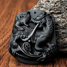 Load image into Gallery viewer, Obsidian Kilin Dragon Mother and Child Amulet Pendant Hand Carved