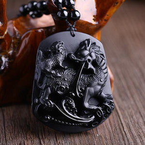 Obsidian Kilin Dragon Mother and Child Amulet Pendant Hand Carved
