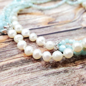 Blue Larimar Pearl String Necklace Sterling Silver