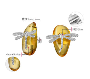 Dragonfly Amber Stud Earrings 925 Sterling Silver